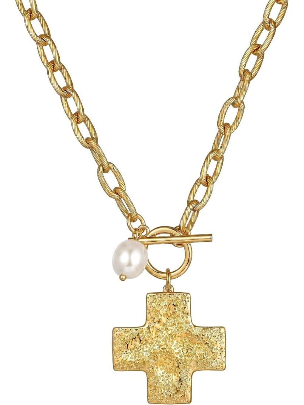 Women's Gold Cross Chunky Gold Heart 14 Plated Toggle Statement Necklace